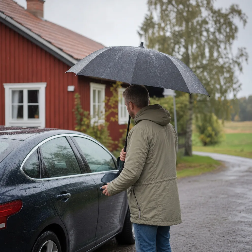 Bil under paraply som symbol för delskydd