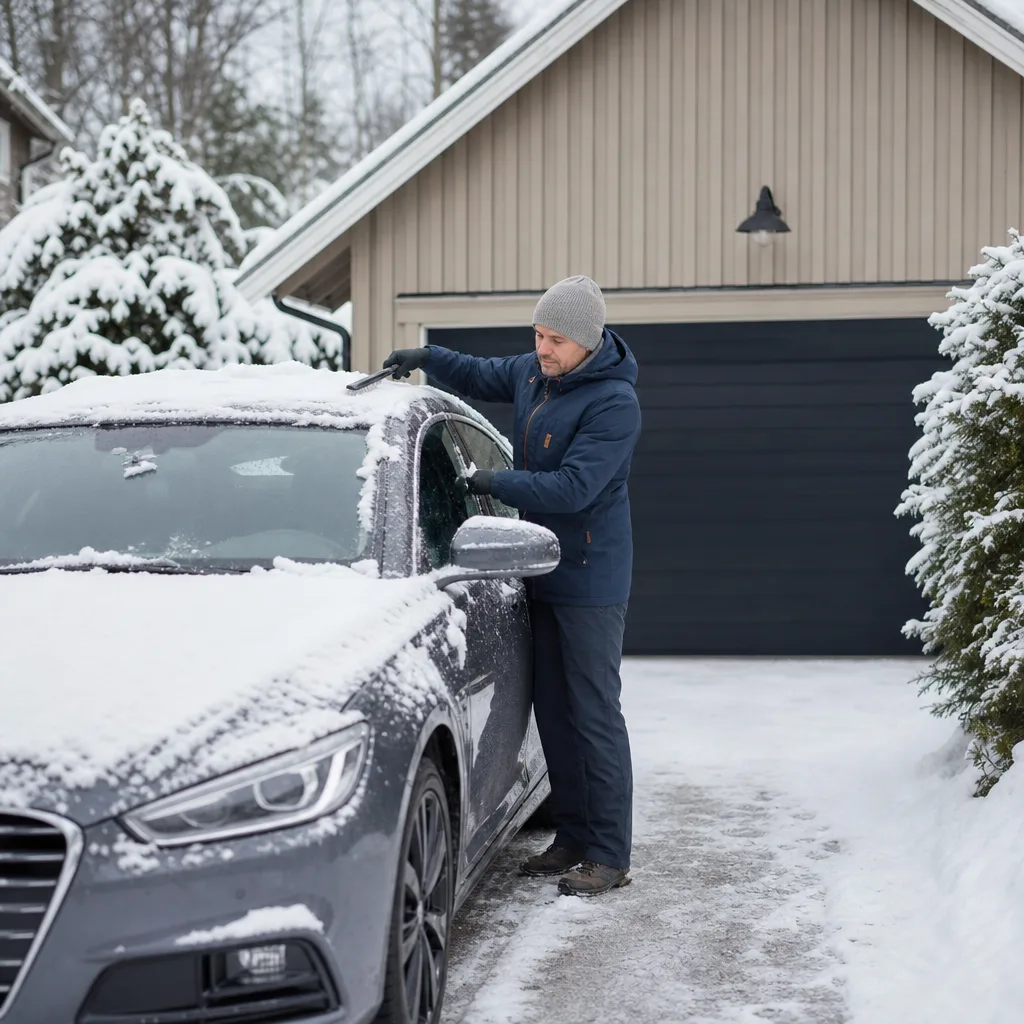 Bil på snöig svensk landsväg